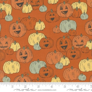 May include: A fabric print featuring a repeating pattern of orange, yellow, and green pumpkins with smiling faces. The background is a solid orange color.