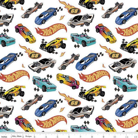 100% Cotton Licensed Fabric - Hot Wheels Badges - 43' 100% Cotton Licensed Fabric - Hot Wheels Badges - 43'