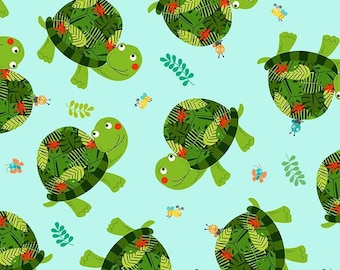 Wild Party Turtle Love on Aqua (Blue) by Michael Miller CX10832-AQUA-D Fabric is sold in HALF YARD increments