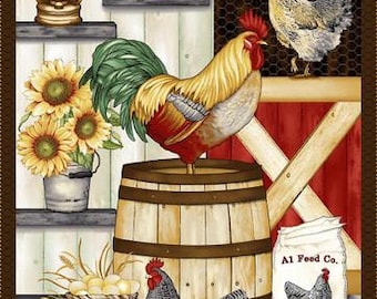 May include: A colorful illustration of a rooster, hens, and chicks in a barnyard setting. The rooster is perched on a wooden barrel, while a hen is standing next to a bag of feed labeled "A1 Feed Co. Egg Mash". There are sunflowers, a lantern, and a basket of eggs in the background.