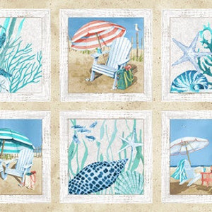 May include: A beach-themed fabric panel with six framed images. The images feature seashells, starfish, coral, beach chairs, and umbrellas. The fabric is beige with a white border.