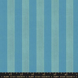 May include: A blue and green striped fabric with a subtle texture. The fabric is a repeating pattern of vertical stripes.