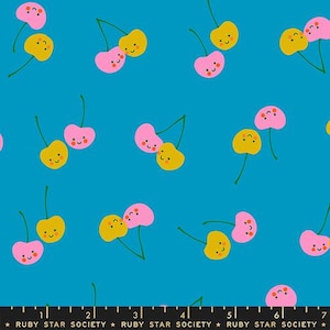 May include: A turquoise fabric with a repeating pattern of cartoon cherries. The cherries are pink and yellow with smiling faces and green stems. The text "RUBY STAR SOCIETY" is at the bottom.