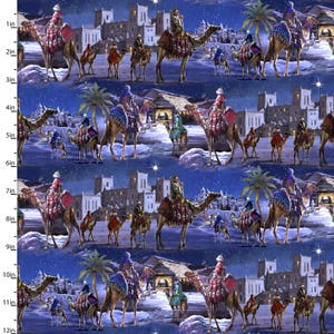 Let Us Adore Him Three King Voyage Blue by The Macneil Studio for 3 Wishes Fabric 23821-BLU Fabric sold in HALF Yard increments