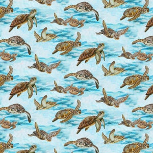May include: A seamless pattern featuring a repeating design of sea turtles swimming in a blue watercolor background. The turtles are brown and green with detailed markings.