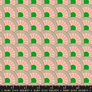 May include: A seamless pattern featuring a repeating design of overlapping pink and green semi-circles. The pattern is reminiscent of fish scales or a fan.