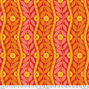 May include: A vibrant, repeating pattern featuring stylized floral and leaf motifs in shades of red, orange, yellow, and pink. The design includes vertical, wavy stripes with alternating floral and leaf arrangements, creating a retro, botanical theme.