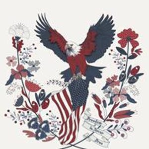 May include: Illustration of a bald eagle with outstretched wings, perched atop an American flag. The eagle is red, white, and blue, surrounded by a floral wreath in similar colors. The banner reads "Freedom is Never Free."