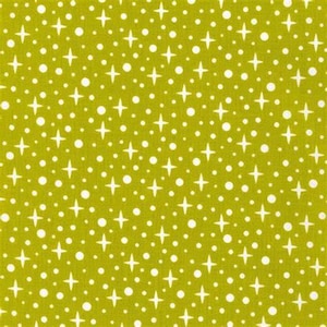 May include: A yellow fabric with a white polka dot and star pattern.