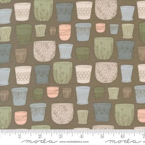 May include: Fabric with a repeating pattern of various sized flower pots in shades of green, blue, and peach on a brown background. The pots feature different designs, including floral and geometric patterns. The fabric has a vintage, botanical theme.