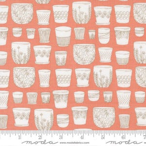 May include: Fabric with a repeating pattern of white and tan plant pots on a coral background. The pots vary in size and design, some with floral or geometric patterns. The fabric is suitable for sewing and crafting projects.