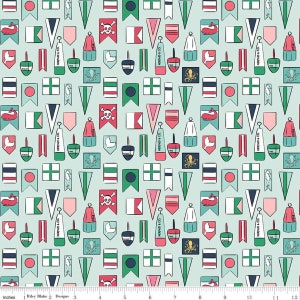 Ahoy! Mermaids Flags Seafoam by Melissa Mortenson for Riley Blake Designs C10342 SEAFOAM Fabric is sold in HALF YARD increments.