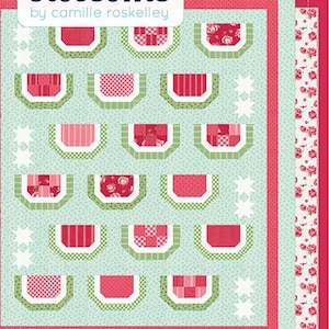 May include: Watermelon Patchwork quilt pattern by Thimble Blossoms, a cheerful watermelon quilt. The pattern features a green and white background with red and white watermelon slices.