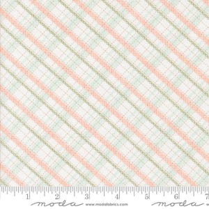 May include: White fabric with diagonal stripes in shades of pink and green. The fabric is textured and has a subtle sheen. The fabric is measured in inches with a ruler at the bottom of the image. The ruler has the word "moda" printed on it.