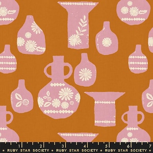 May include: A fabric pattern featuring pink vases with white floral designs on an orange background. The vases vary in shape and size, with some having handles or decorative rims. The text "RUBY STAR SOCIETY" is at the bottom.