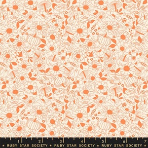 May include: A white fabric with a repeating pattern of orange line drawings of flowers, pumpkins, ghosts, and candy corn.