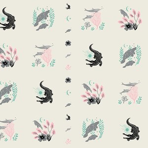 May include: A seamless pattern featuring a variety of sea creatures, including manatees, dolphins, and alligators, in a whimsical, hand-drawn style. The pattern is set against a light beige background and features a variety of colors, including black, gray, pink, and teal.