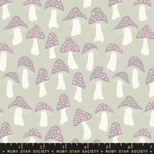 May include: Fabric with a repeating pattern of stylized mushrooms. The mushrooms have gray caps with pink spots and white stems, set against a light gray background. The text "RUBY STAR SOCIETY" is at the bottom.