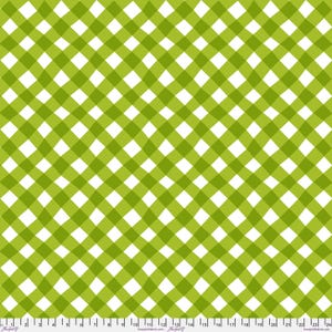 May include: A seamless pattern featuring a green and white gingham design. The pattern consists of intersecting diagonal lines that create a grid of green squares and white spaces. The fabric is suitable for various craft projects.