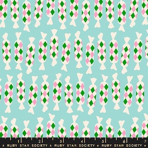 May include: A repeating pattern of candy canes in pink, green, and white on a light blue background. The candy canes are arranged in rows and are all facing the same direction.