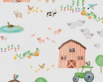 May include: Watercolor illustration of a farm scene with barns, animals, and crops. The design features a red barn with an X-shaped door, a green tractor, and various farm animals like pigs, sheep, and chickens. The background is white.