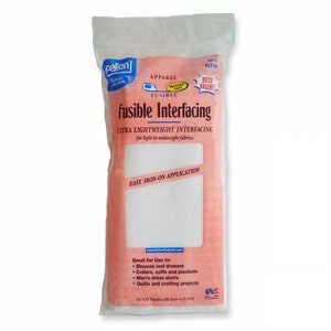 May include: A package of Pellon fusible interfacing. The pink package has the words "Fusible Interfacing" in large, bold letters. The text "Ultra Lightweight Interfacing" is also visible. The package is 15 yards (13.7m) long and is designed for easy iron-on application.