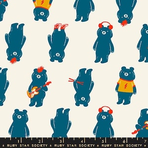 May include: A white background with a repeating pattern of blue bears in various poses. Some bears are wearing headphones, others are playing guitars, and some are standing on their heads. The bears are all outlined in black and have red accents.