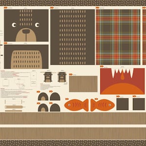 May include: A fabric panel with instructions for making a backpack. The panel features a brown bear, a plaid pattern, a fish, and a campfire. The text "The Great Outdoors Backpack" is printed on the panel.