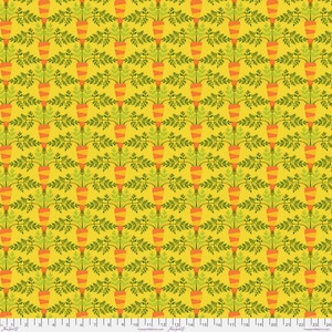 May include: A repeating pattern of orange carrots with green leafy tops on a yellow background. The carrots are stylized with vertical stripes. The design is symmetrical and evenly spaced, creating a visually appealing and playful aesthetic.