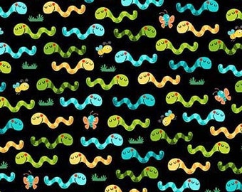 Wild Party Colorful Worms on Black by Michael Miller CX10837-Blac-D Fabric is sold in HALF YARD increments