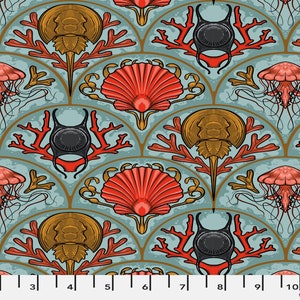 Mariana Scallops by the Seashore Aqua by Rachel Hauer for FreeSpirit Fabrics PWRH079.AQUA Sold in HALF yard increments.