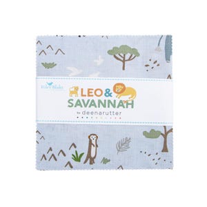May include: A stack of light blue fabric squares with a repeating safari animal and tree pattern. The fabric is labeled "LEO & SAVANNAH" by deenarutter, with illustrations of a lion and giraffe. The Riley Blake Designs logo is also visible.