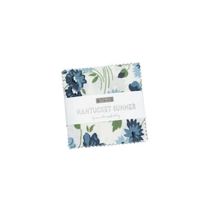 May include: A fabric bundle featuring a floral pattern in shades of blue and green on a white background. The fabric is wrapped with a white band that reads "Nantucket Summer" by Camille Roskelley.