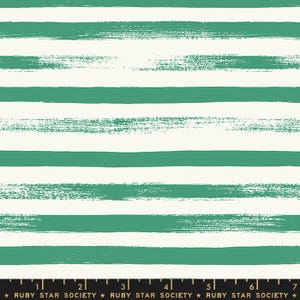 May include: Fabric with a repeating pattern of horizontal, teal brushstrokes on a cream background. The brushstrokes vary in width and texture, creating a hand-painted look. The bottom of the image has text that reads "RUBY STAR SOCIETY".