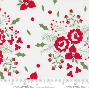 May include: White fabric with a repeating pattern of red flowers, green leaves, and red berries. The fabric has a subtle texture and a white background.