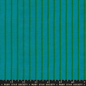 May include: Close-up of a fabric with vertical stripes. The fabric has a teal background with evenly spaced, vibrant green stripes. The bottom of the image includes text that reads "RUBY STAR SOCIETY".