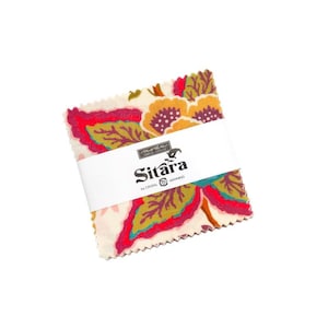 May include: A stack of square fabric swatches with pinked edges, wrapped in a white paper band labeled Moda Fabrics Sitara by Crystal Manning. The fabric features a floral pattern with vibrant shades of magenta, mustard yellow, and teal on cream.
