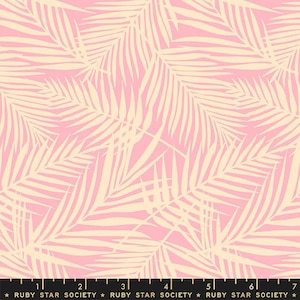 May include: A pink and cream fabric with a repeating pattern of palm leaves. The fabric is printed with the text "RUBY STAR SOCIETY" repeated across the bottom.