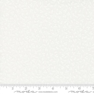May include: White fabric with a delicate, repeating pattern of small white leaves and berries. The fabric has a subtle texture and a slightly off-white background.