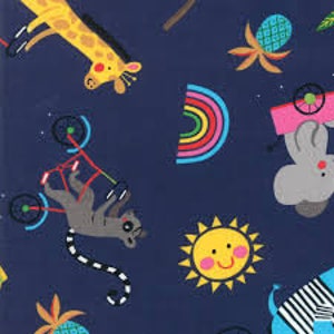 Bicycle Bunch Blueberry with circus animals by Abi Hall for Moda monkeys bananas bicycles 35330 17 Sold in HALF yard increments