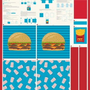 May include: A digital download of a fabric pattern featuring a blue and white striped background with a double-decker burger, a red and white striped cup, and a red box with the text "Smart Fry" and french fries.