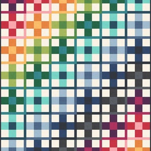 May include: A colorful quilt pattern with a diagonal design. The quilt is made up of squares with different colored gingham patterns. The colors include red, orange, yellow, green, blue, purple, and black.