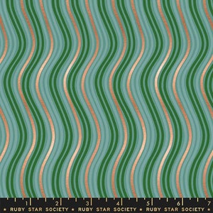 May include: A fabric with a repeating pattern of wavy lines in shades of teal and copper. The fabric is marked with a ruler in inches and the text "RUBY STAR SOCIETY".