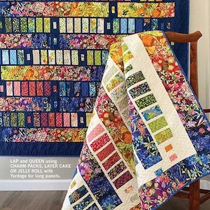 May include: A quilt pattern called "Bar Hop" featuring a colorful floral design. The pattern is designed for lap or queen size quilts and can be made using charm packs, layer cakes, or jelly rolls. The pattern includes yardage for long panels.