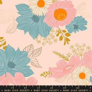 May include: A pink floral fabric with a repeating pattern of blue, pink, and yellow flowers. The flowers are outlined in gold and have a vintage style.