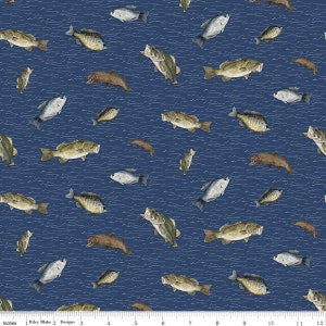Wake at the Lake Fish Toss Navy by Tara Reed for Riley Blake Designs, C14891-NAVY Sold in HALF yard increments