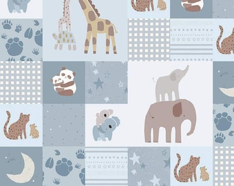 May include: A blue and white fabric with a patchwork design featuring various animals, including koalas, giraffes, cats, elephants, and a star pattern.