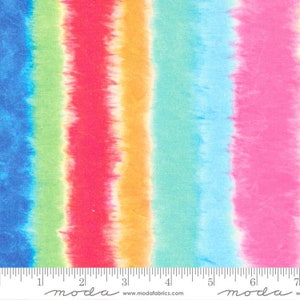 May include: A colorful fabric with a tie-dye pattern in shades of blue, green, red, yellow, and pink. The fabric has a striped design with each stripe featuring a different color.