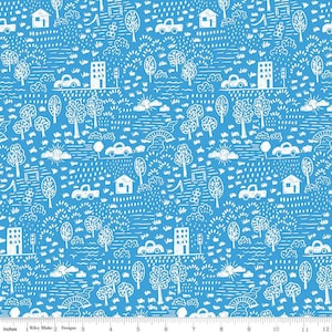 May include: A blue fabric with a white repeating pattern of houses, cars, trees, and clouds. The pattern is reminiscent of a child's drawing.