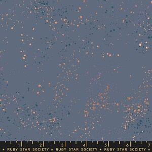 May include: A blue fabric with a speckled pattern of orange, pink, and teal. The fabric has a subtle shimmer and is perfect for quilting, sewing, or crafting.